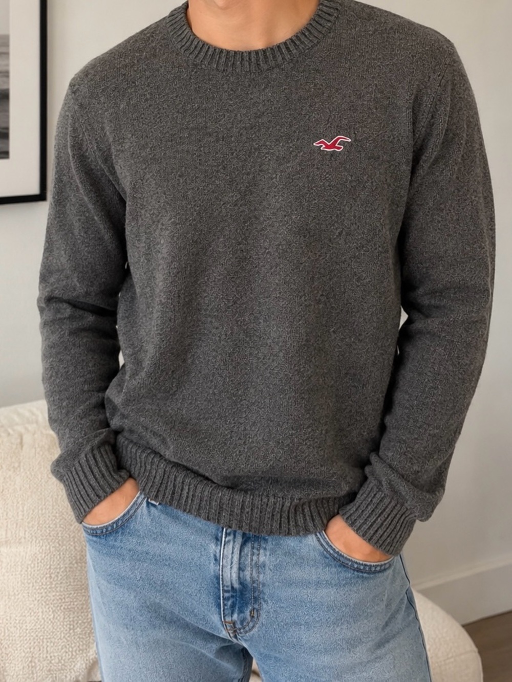 Hollister Men’s Charcoal Gray Crewneck Sweater with Pink Logo